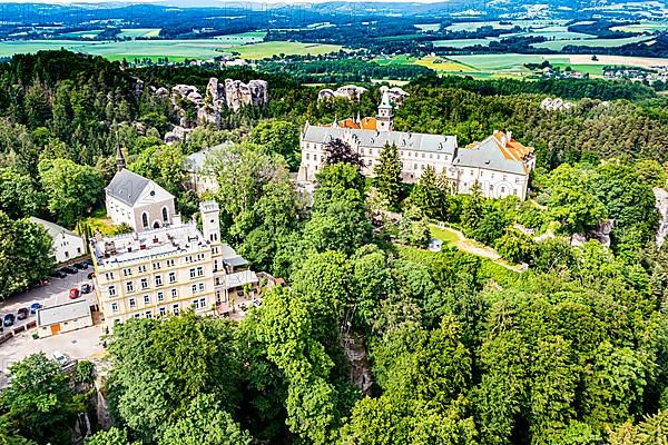 Aerial of Hruba Skala castle, Bohemian paradise