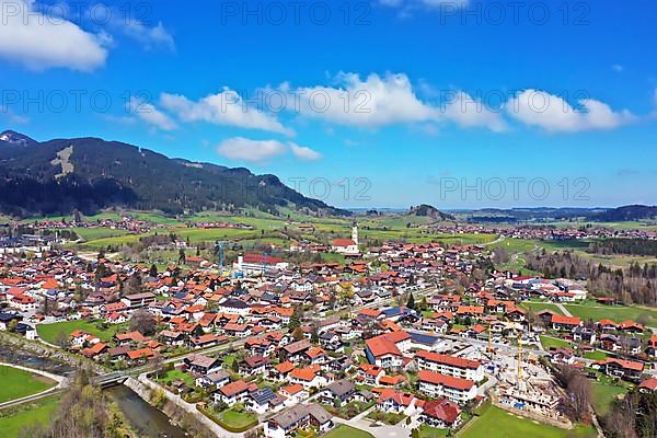 Aerial view of Pfronten in fine weather. Allgaeu, Alps