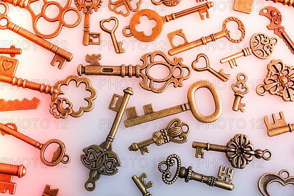 Retro style metal keys on a white background,