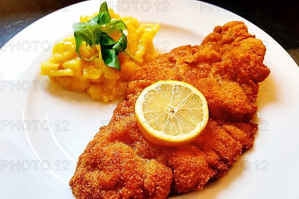 Delicious golden-brown fried Wiener Schnitzel with potato salad and a slice of lemon on a white plate,