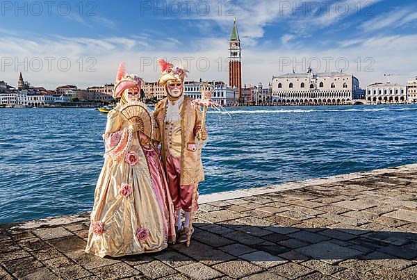 Carnival masks in front of the panorama of the city with Campanile and Doge's Palace, Venice