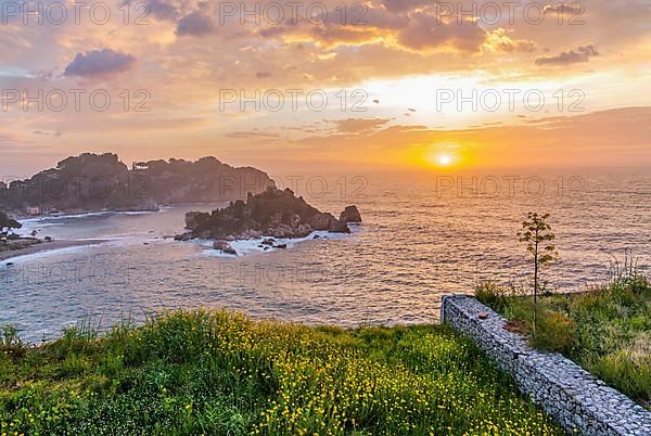 Coastal landscape with Isola Bella in spring at sunrise, Taormina