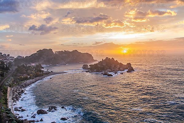 Coastal landscape with Isola Bella in spring at sunrise, Taormina