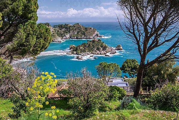 Coastal landscape with Isola Bella in spring, Taormina