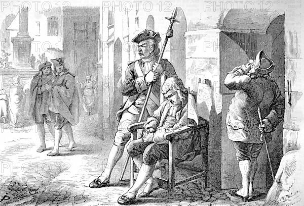 Bailiff on his Gantstuhl in front of the City Hall of Munich, c. 1885