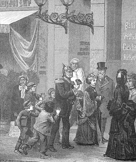 Historical illustration of people standing in front of a bank in Berlin, Germany. Children