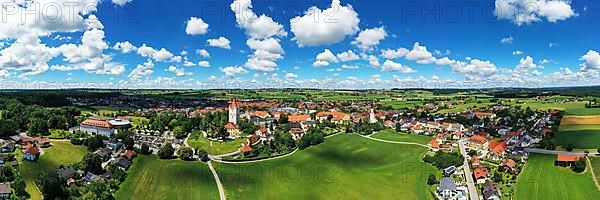 Aerial view of Haag in Upper Bavaria with the castle tower from the castle in fine weather. Haag in Upper Bavaria Upper Bavaria, Bavaria