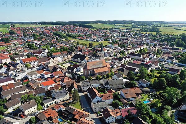 Aerial view of Frontenhausen a market town in the Lower Bavarian district of Dingolfing-Landau. Bavaria, Germany