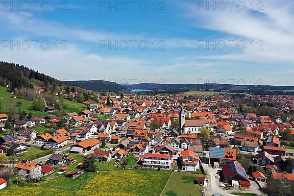 Aerial view of Peiting with the church of St. Michael, Bavaria