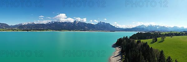 Lake Forggensee in the Koenigswinkel with the Alps in the background. Fuessen, Ostallgaeu