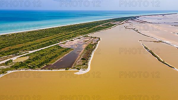 Aerial of the colourful salinas of Las Coloradas, Yucatan