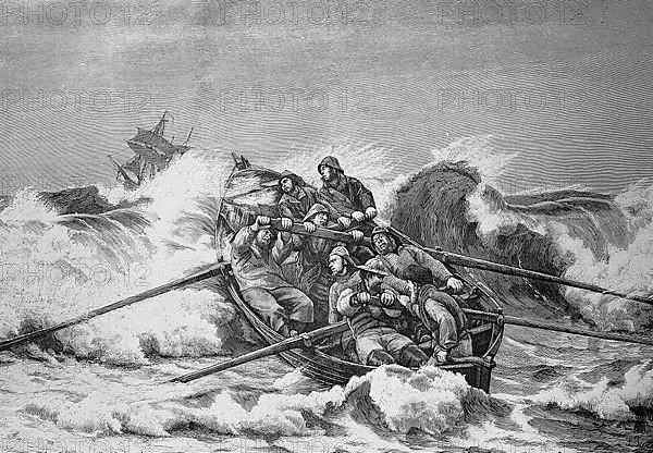 Rescue crew with a lifeboat fighting their way through the surf to a ship in distress, Historic