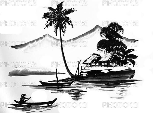 Fisherman with boats, hut