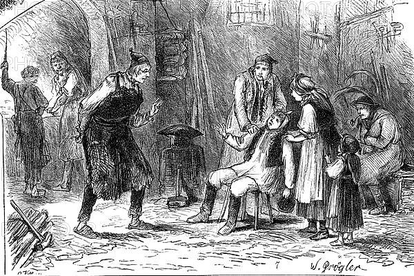 Village dentist, the village blacksmith as a doctor with a suffering patient who is being held by two people