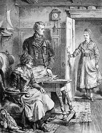 Woman comes in the door and disturbs a couple looking for something in a pile of papers, Historisch