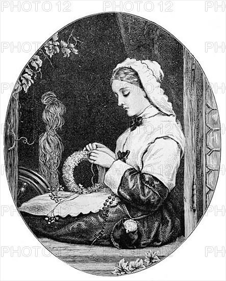 Woman making an immortelle wreath, a wreath of flowers with dry-skinned petals that do not wilt and therefore remain unchanged for a long time. Immortelle wreaths were mainly used as mourning decorati...