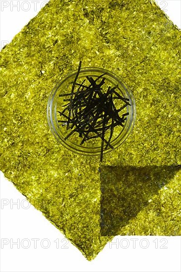 Nori, dried paper-like leaves made from seaweed