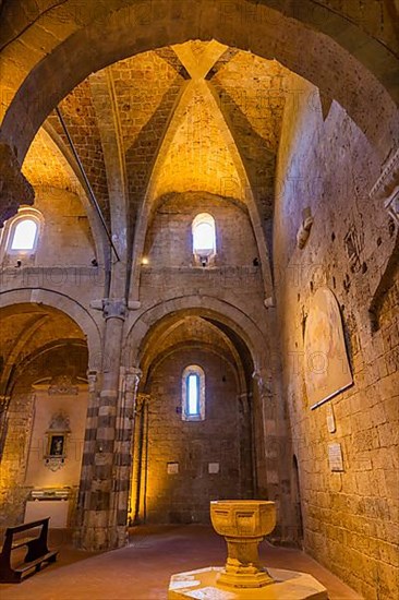 The illuminated ceiling vault of Sovana Cathedral, below the baptismal font