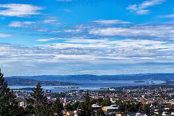 View from the summit of Grefsenkollen, view of the city and the Oslofjord in summer
