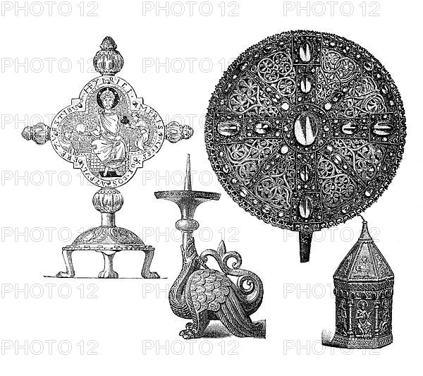 Liturgical devices of the Middle Ages, on the left above a reliquary
