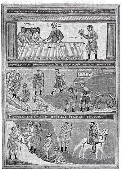 Depiction of the biblical parable of the banquet, above the occupied table of the rich
