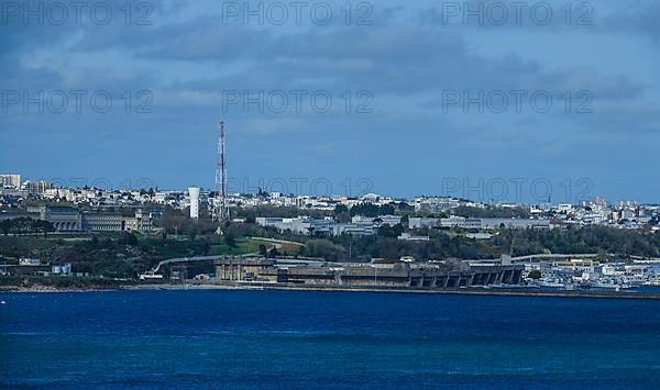 View from the Pointe des Espagnols viewpoint in Roscanvel across the bay to the former submarine repair yard, largest WW2 bunker in Brest