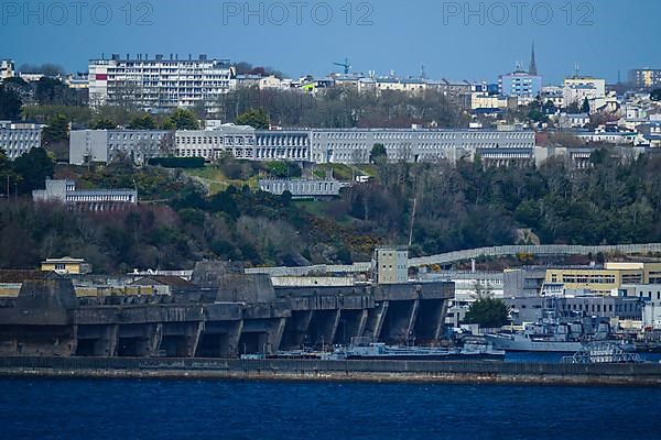 View from the Pointe des Espagnols viewpoint in Roscanvel across the bay to the former submarine repair yard, largest WW2 bunker in Brest