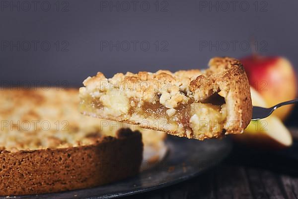 Single slice of traditional European apple pie with topping crumbles on cake server,