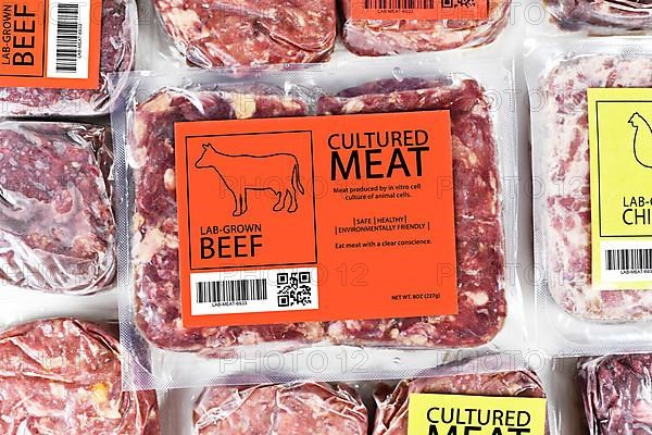 Cultured beef meat concept for artificial in vitro cell culture meat production with frozen packed raw meat with label,