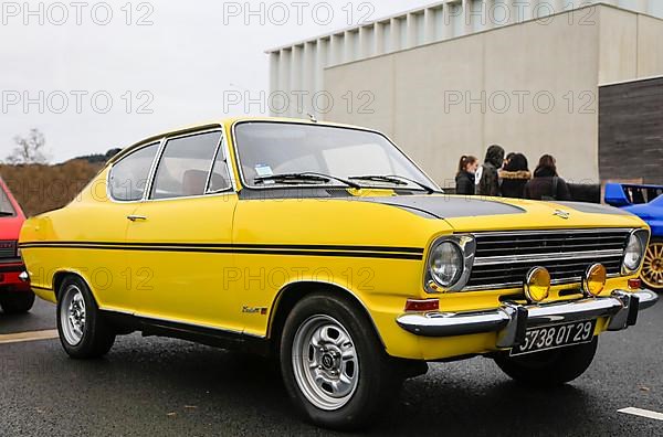 Opel Kadett B Coupe F from the 60s or early 70s at a classic car meeting in Landernau, Departement Finistere Penn-ar-Bed