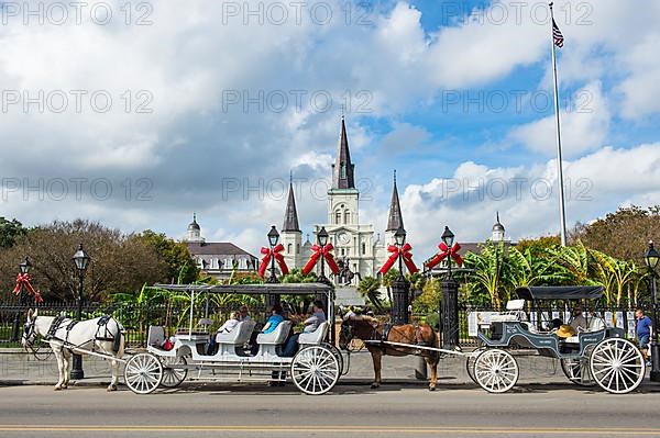 Old horse carts before Jackson square and the St. Louis Cathedral, French quarter