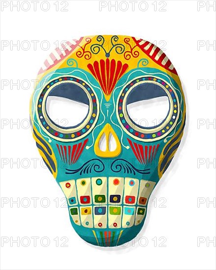 Dia de los Muertos sugar skull mask in watercolor style over white