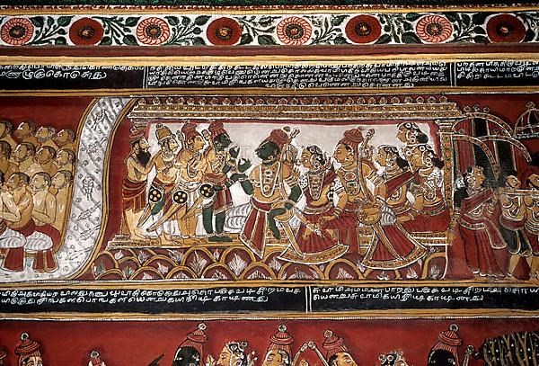 18th century Ramayana epic murals fresco painting on Bodi Zamin palace walls in Bodinayakanur