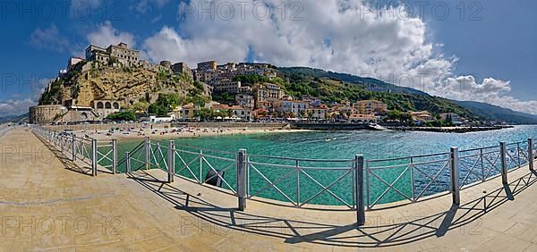 Panorama on the harbour promenade of Pizzo with town view and the medieval castle of Murat