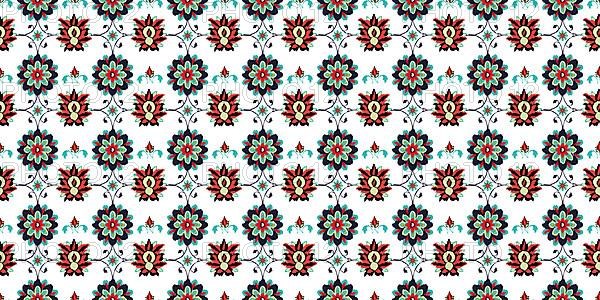 Ikat folklore ornament with floral motif. Vector seamless pattern design
