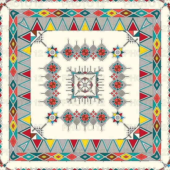 Decorative geometric repeating pattern inspired by Al-Qatt Al-Asiri traditional paintings
