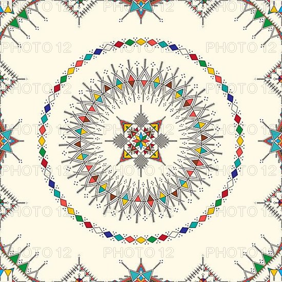 Decorative geometric repeating pattern inspired by Al-Qatt Al-Asiri traditional paintings