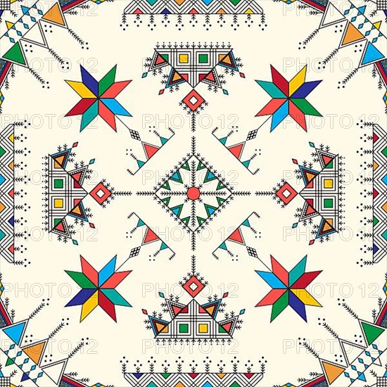 Decorative geometric repeating pattern inspired by Al-Qatt Al-Asiri traditional paintings