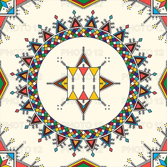 Decorative geometric repeating pattern inspired by Al-Qatt Al-Asiri traditional paintings