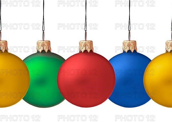 Row pf hanging Christmas baubles isolated on white background