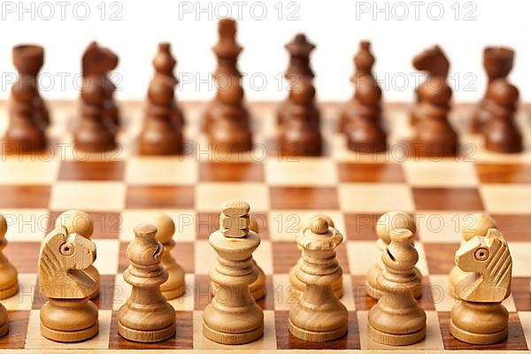Wooden chess pieces on chessboard. Selective focus