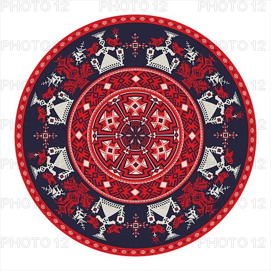 Vector round design element with traditional Russian embroidery symbols