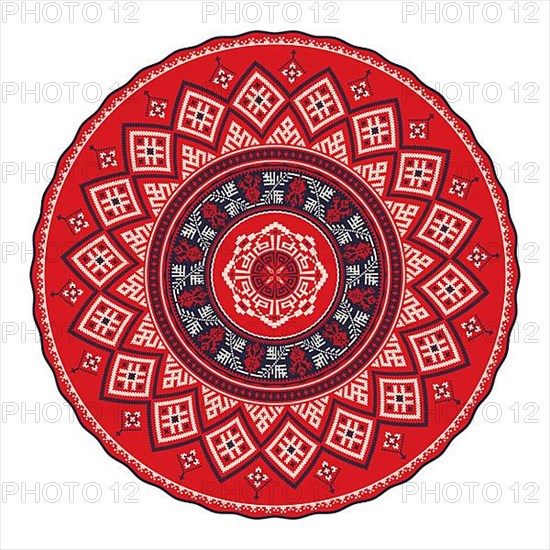 Vector round design element with traditional Russian embroidery symbols