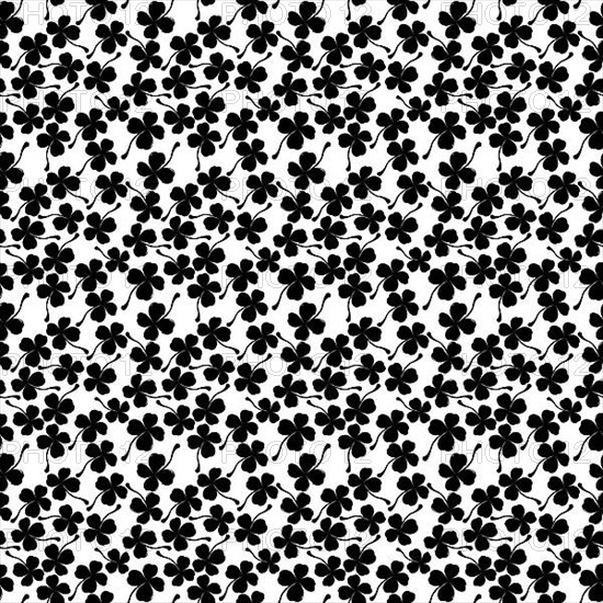 Seamless vector pattern design with four leaves lucky clover silhouettes over white background