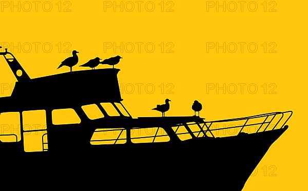 Marine sceneray background with seagulls silhouettes on sitting on a yacht. Vector illustration