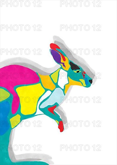Watercolor style drawing of a colored kangaroo against white background
