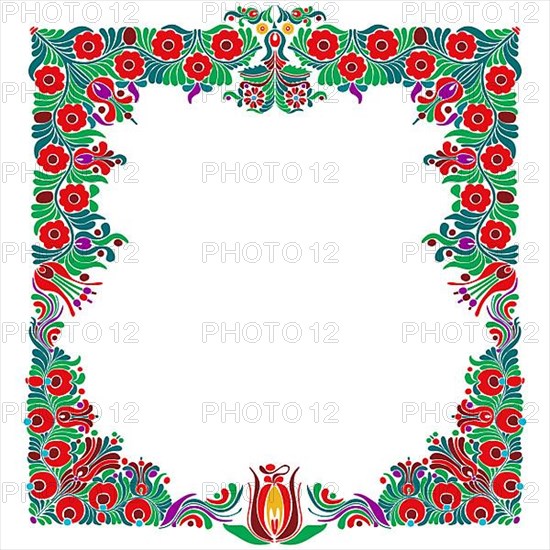 Hungarian folk style floral frame over white background with copy space