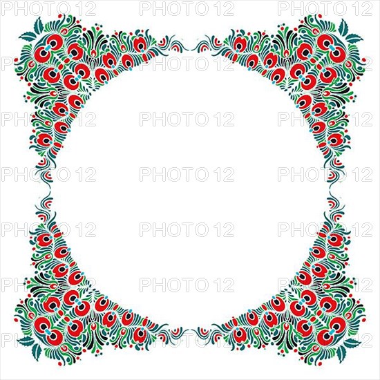Hungarian folk style floral frame over white background with copy space