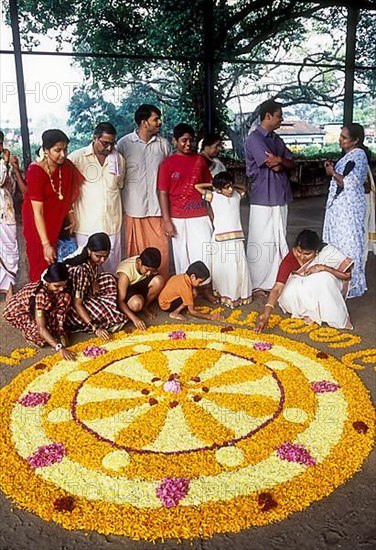Aththapoovu or Floral decoration during Onam festival in front of Bhagavati temple in Kodungallur
