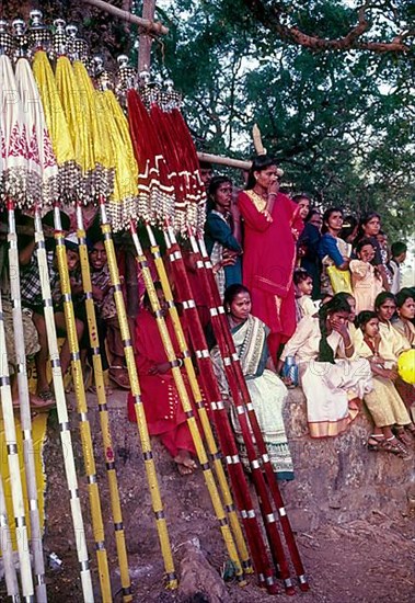 Spectators and colourful umbrellas in Pooram festival in Thrissur Trichur